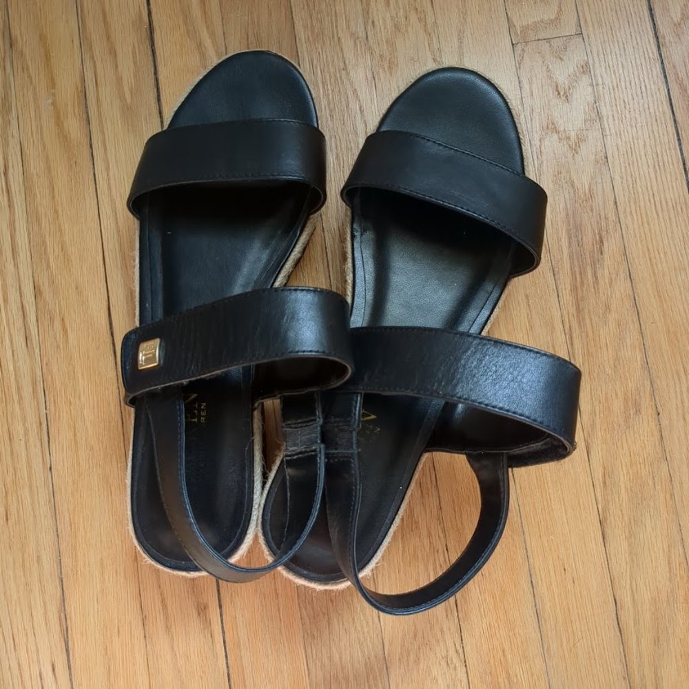 Lauren Ralph Lauren Leather Sandals Black Chunky Heel Platform Espadrille Size 8 - Picture 2 of 8